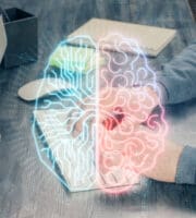 Man with computer background with brain theme hologram. Concept of brainstorm. Double exposure.